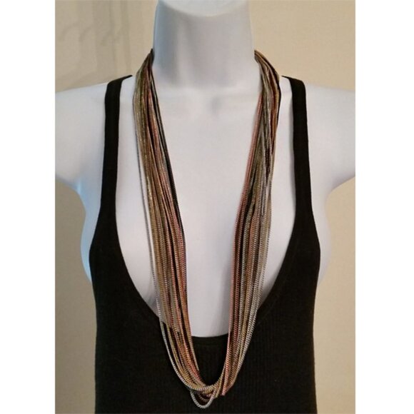 Multi chain mixed metal statement long necklace layered chains, dress up - Picture 2 of 4